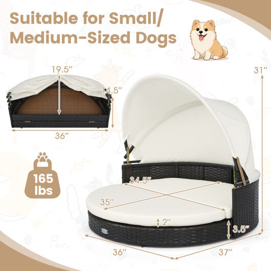 Wicker Dog House with Retractable Canopy & Removable Cushion for Small Medium Dogs-White LuxuryLifeWay Online Store