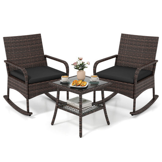 3 Pieces PE Wicker Rocking Bistro Set with 2-Tier Side Table Cushions and Ergonomic Armchairs for Porch-Black LuxuryLifeWay Online Store