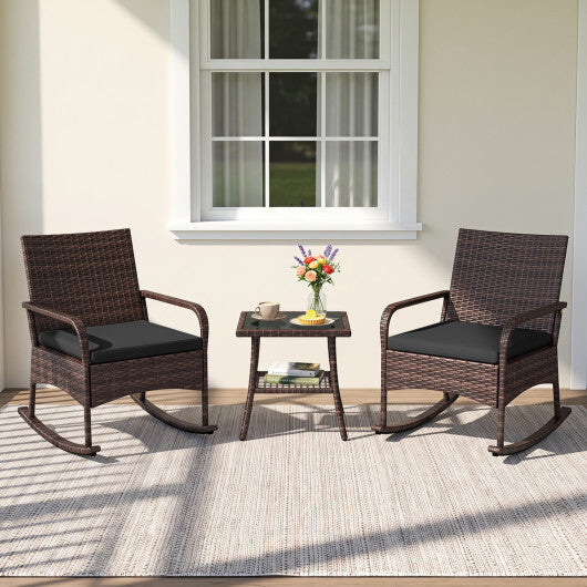 3 Pieces PE Wicker Rocking Bistro Set with 2-Tier Side Table Cushions and Ergonomic Armchairs for Porch-Black LuxuryLifeWay Online Store