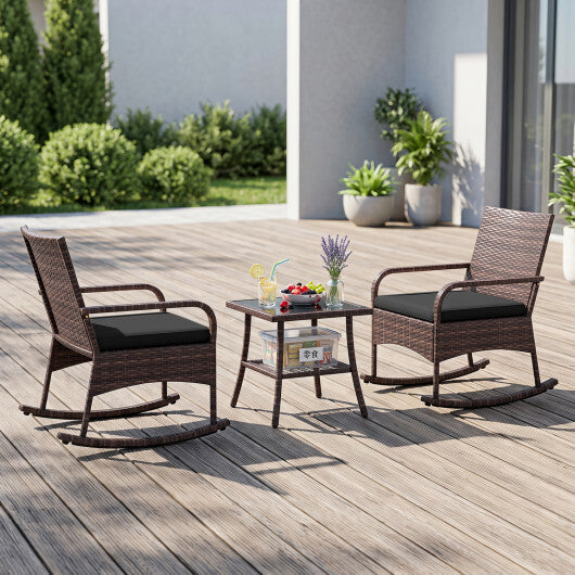 3 Pieces PE Wicker Rocking Bistro Set with 2-Tier Side Table Cushions and Ergonomic Armchairs for Porch-Black LuxuryLifeWay Online Store