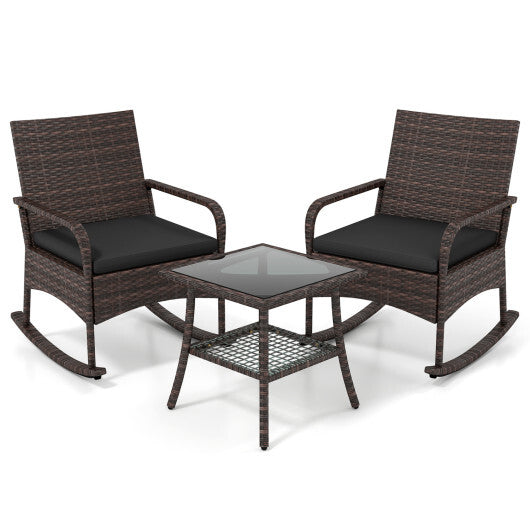 3 Pieces PE Wicker Rocking Bistro Set with 2-Tier Side Table Cushions and Ergonomic Armchairs for Porch-Black LuxuryLifeWay Online Store