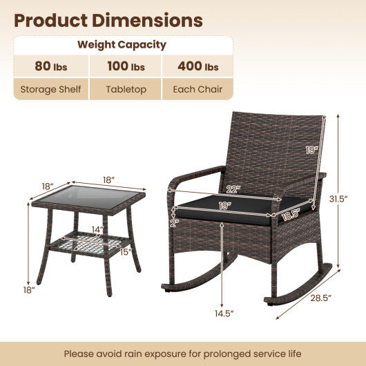 3 Pieces PE Wicker Rocking Bistro Set with 2-Tier Side Table Cushions and Ergonomic Armchairs for Porch-Black LuxuryLifeWay Online Store