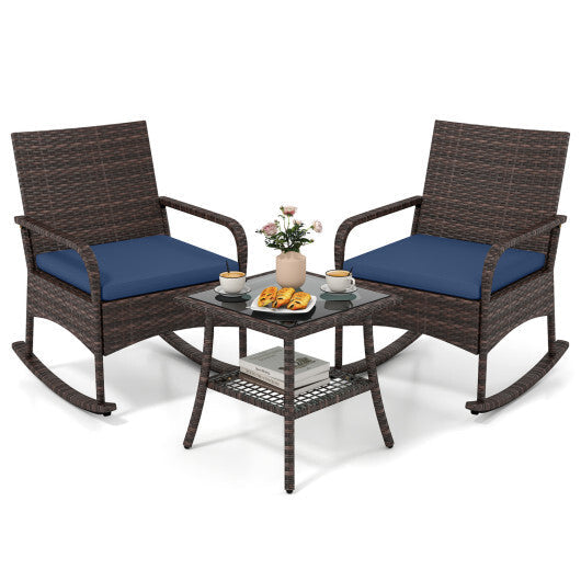 3 Pieces PE Wicker Rocking Bistro Set with 2-Tier Side Table Cushions and Ergonomic Armchairs for Porch-Black LuxuryLifeWay Online Store
