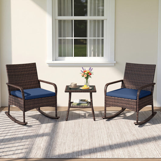 3 Pieces PE Wicker Rocking Bistro Set with 2-Tier Side Table Cushions and Ergonomic Armchairs for Porch-Black LuxuryLifeWay Online Store