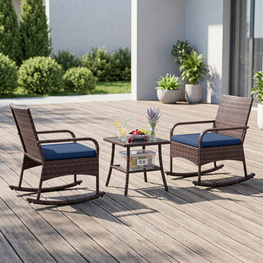 3 Pieces PE Wicker Rocking Bistro Set with 2-Tier Side Table Cushions and Ergonomic Armchairs for Porch-Black LuxuryLifeWay Online Store