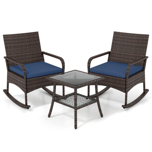 3 Pieces PE Wicker Rocking Bistro Set with 2-Tier Side Table Cushions and Ergonomic Armchairs for Porch-Black LuxuryLifeWay Online Store