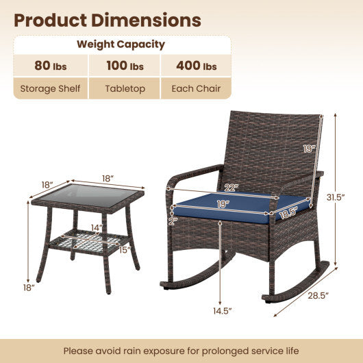 3 Pieces PE Wicker Rocking Bistro Set with 2-Tier Side Table Cushions and Ergonomic Armchairs for Porch-Black LuxuryLifeWay Online Store