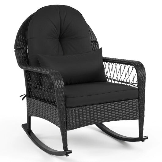 Outdoor Wicker Rocking Chair with Anti-Tip Stoppers and Thick Cushions for Porch-Black LuxuryLifeWay Online Store