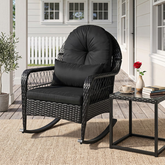 Outdoor Wicker Rocking Chair with Anti-Tip Stoppers and Thick Cushions for Porch-Black LuxuryLifeWay Online Store