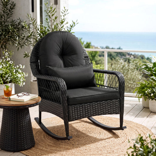 Outdoor Wicker Rocking Chair with Anti-Tip Stoppers and Thick Cushions for Porch-Black LuxuryLifeWay Online Store