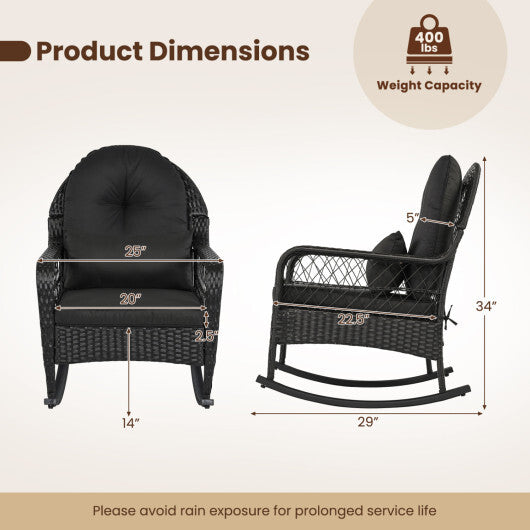 Outdoor Wicker Rocking Chair with Anti-Tip Stoppers and Thick Cushions for Porch-Black LuxuryLifeWay Online Store