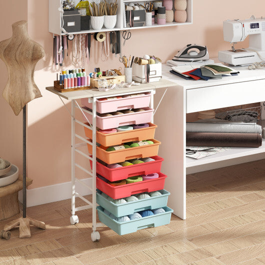 8-Drawer Rolling Cart with Wooden Tabletop and Folding Side Panels for Living Room-Macaron LuxuryLifeWay Online Store