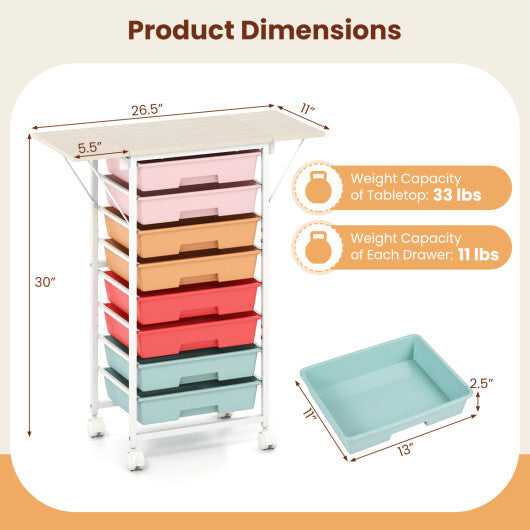 8-Drawer Rolling Cart with Wooden Tabletop and Folding Side Panels for Living Room-Macaron LuxuryLifeWay Online Store