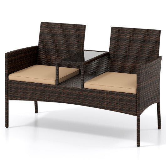 Patio Loveseat Wicker 2-Seat Conversation Set with Built-in Coffee Table-Brown LuxuryLifeWay Online Store