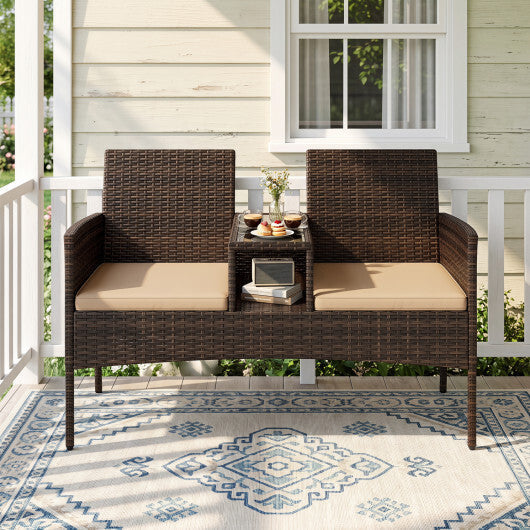 Patio Loveseat Wicker 2-Seat Conversation Set with Built-in Coffee Table-Brown LuxuryLifeWay Online Store