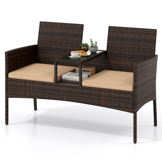 Patio Loveseat Wicker 2-Seat Conversation Set with Built-in Coffee Table-Brown LuxuryLifeWay Online Store