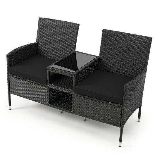 Outdoor Wicker Patio Loveseat with Built-in Glass Side Table-Black LuxuryLifeWay Online Store