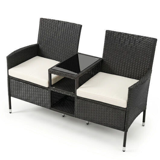 Outdoor Wicker Patio Loveseat with Built-in Glass Side Table-Black LuxuryLifeWay Online Store