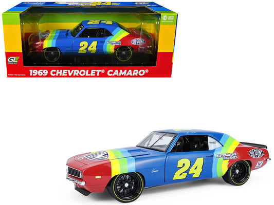 1969 Chevrolet Camaro #24 Jeff Gordon "Hendrick Motorsports First Win Tribute" Blue and Red with Rainbow Stripes 1/18 Diecast Model Car by Highway 61
