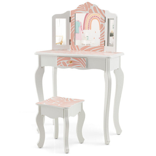 2-in-1 Kids Vanity Table Set with Tri-folding Mirror-Pink - Color: Pink LuxuryLifeWay Online Store