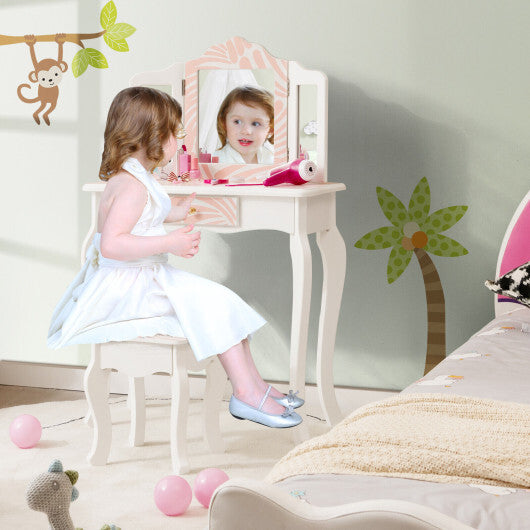 2-in-1 Kids Vanity Table Set with Tri-folding Mirror-Pink - Color: Pink LuxuryLifeWay Online Store
