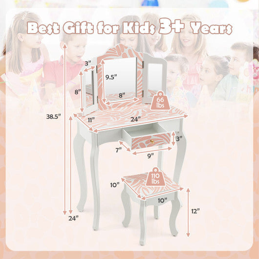 2-in-1 Kids Vanity Table Set with Tri-folding Mirror-Pink - Color: Pink LuxuryLifeWay Online Store