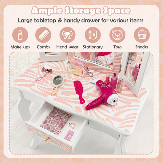 2-in-1 Kids Vanity Table Set with Tri-folding Mirror-Pink LuxuryLifeWay Online Store