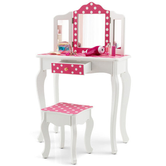 Kids Vanity Table and Stool Set with Cute Polka Dot Print-Pink LuxuryLifeWay Online Store