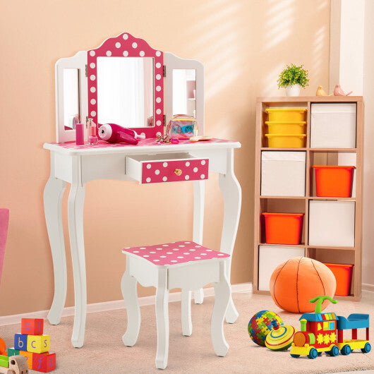 Kids Vanity Table and Stool Set with Cute Polka Dot Print-Pink LuxuryLifeWay Online Store