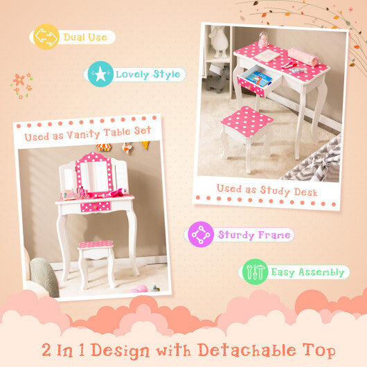Kids Vanity Table and Stool Set with Cute Polka Dot Print-Pink LuxuryLifeWay Online Store