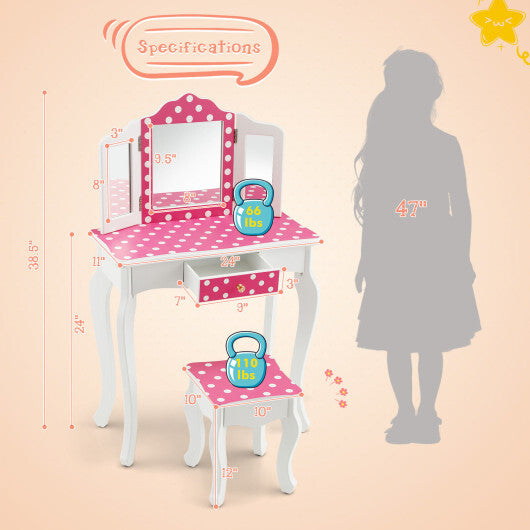 Kids Vanity Table and Stool Set with Cute Polka Dot Print-Pink LuxuryLifeWay Online Store