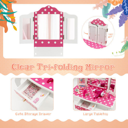 Kids Vanity Table and Stool Set with Cute Polka Dot Print-Pink LuxuryLifeWay Online Store
