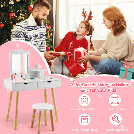 Kid Vanity Table Chair Set with Mirror and 2 Large Storage Drawers-White LuxuryLifeWay Online Store
