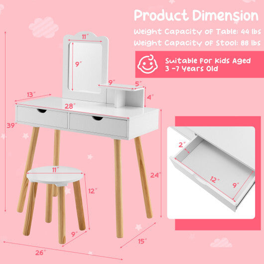 Kid Vanity Table Chair Set with Mirror and 2 Large Storage Drawers-White LuxuryLifeWay Online Store