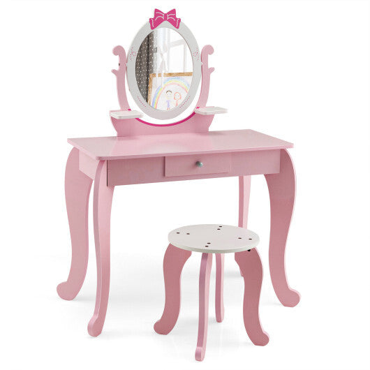 Kid Vanity Table Stool Set with Oval Rotatable Mirror-Pink - Color: Pink LuxuryLifeWay Online Store