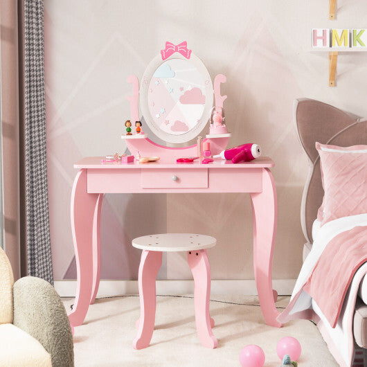 Kid Vanity Table Stool Set with Oval Rotatable Mirror-Pink LuxuryLifeWay Online Store