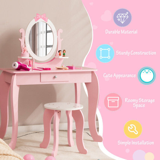 Kid Vanity Table Stool Set with Oval Rotatable Mirror-Pink LuxuryLifeWay Online Store