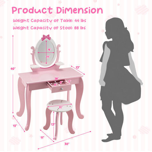 Kid Vanity Table Stool Set with Oval Rotatable Mirror-Pink LuxuryLifeWay Online Store