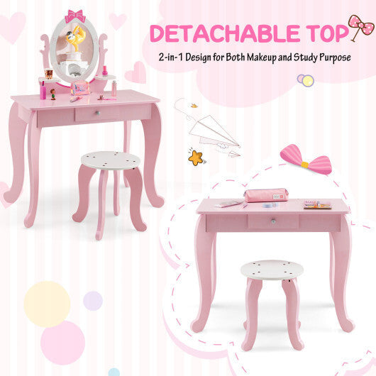 Kid Vanity Table Stool Set with Oval Rotatable Mirror-Pink LuxuryLifeWay Online Store