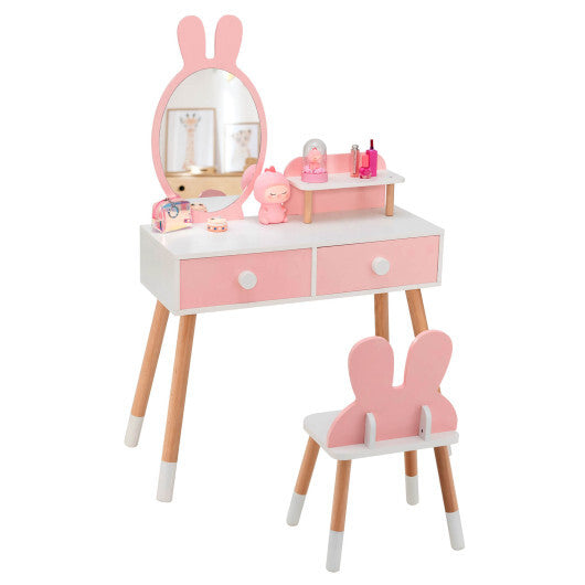 Kids Vanity Table and Chair Set with Drawer Shelf and Rabbit Mirror-Pink - Color: Pink LuxuryLifeWay Online Store
