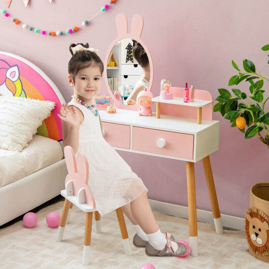 Kids Vanity Table and Chair Set with Drawer Shelf and Rabbit Mirror-Pink LuxuryLifeWay Online Store