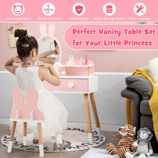 Kids Vanity Table and Chair Set with Drawer Shelf and Rabbit Mirror-Pink LuxuryLifeWay Online Store