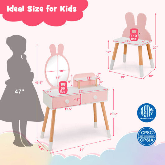 Kids Vanity Table and Chair Set with Drawer Shelf and Rabbit Mirror-Pink LuxuryLifeWay Online Store