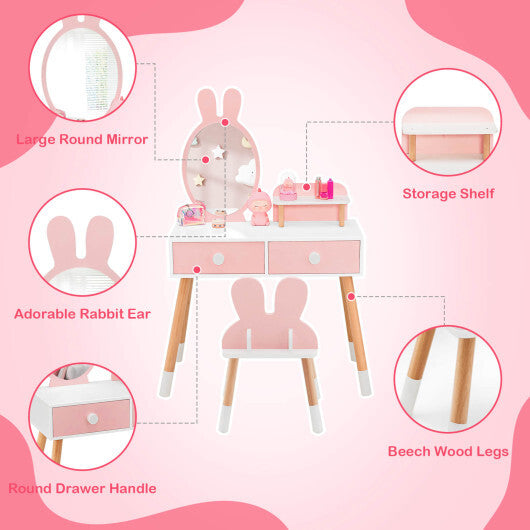 Kids Vanity Table and Chair Set with Drawer Shelf and Rabbit Mirror-Pink LuxuryLifeWay Online Store