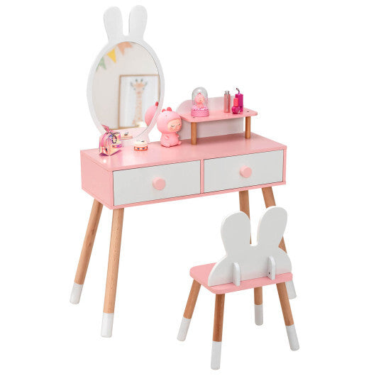 Kids Vanity Table and Chair Set with Drawer Shelf and Rabbit Mirror-Pink LuxuryLifeWay Online Store