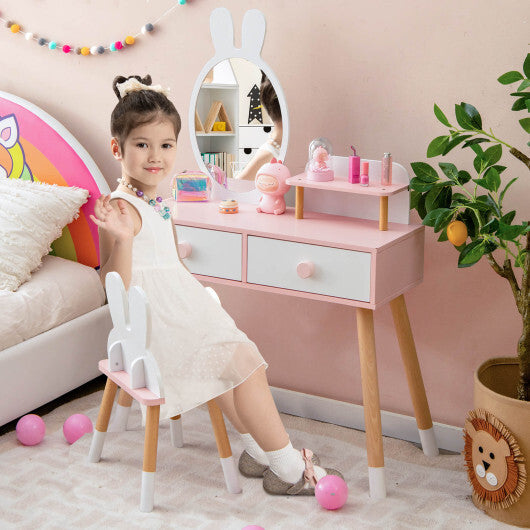 Kids Vanity Table and Chair Set with Drawer Shelf and Rabbit Mirror-Pink LuxuryLifeWay Online Store
