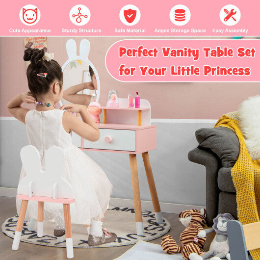 Kids Vanity Table and Chair Set with Drawer Shelf and Rabbit Mirror-Pink LuxuryLifeWay Online Store