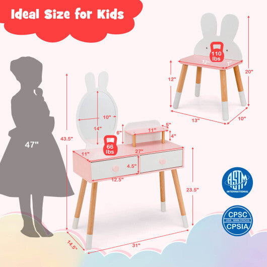 Kids Vanity Table and Chair Set with Drawer Shelf and Rabbit Mirror-Pink LuxuryLifeWay Online Store
