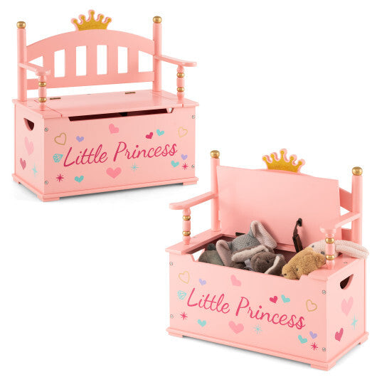 2-In-1 Kids Princess Wooden Toy Box with Safe Hinged Lid-Pink LuxuryLifeWay Online Store