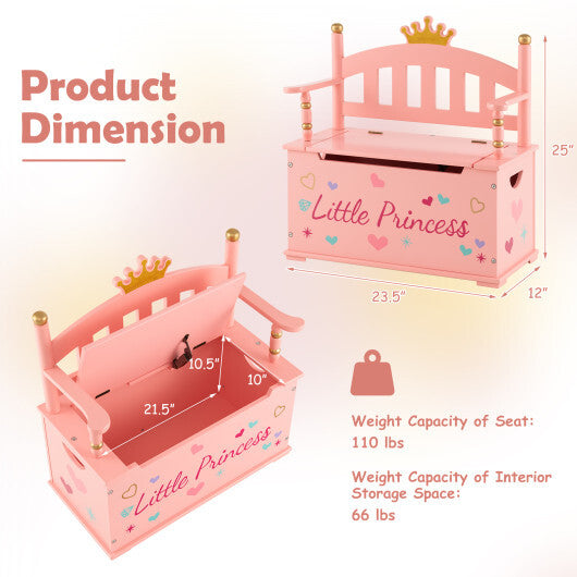 2-In-1 Kids Princess Wooden Toy Box with Safe Hinged Lid-Pink LuxuryLifeWay Online Store